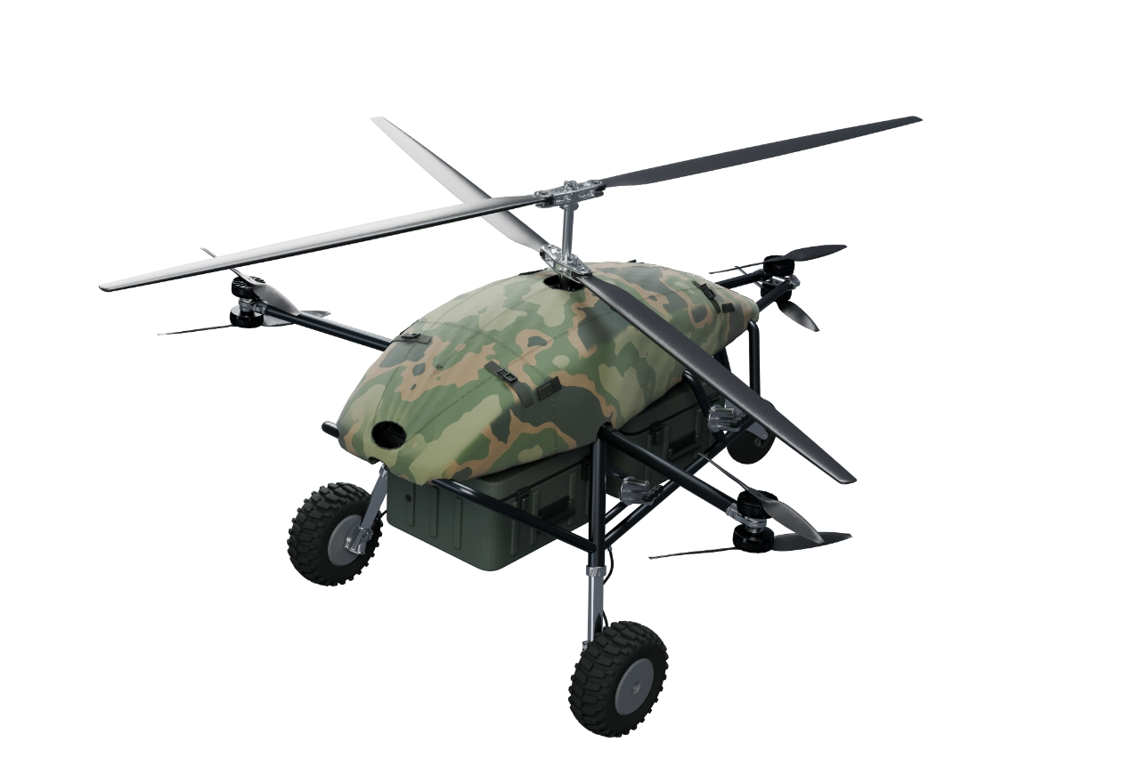 Elevated opposite-side view of TAMML with tandem cargo containers and crossed coaxial rotor blades